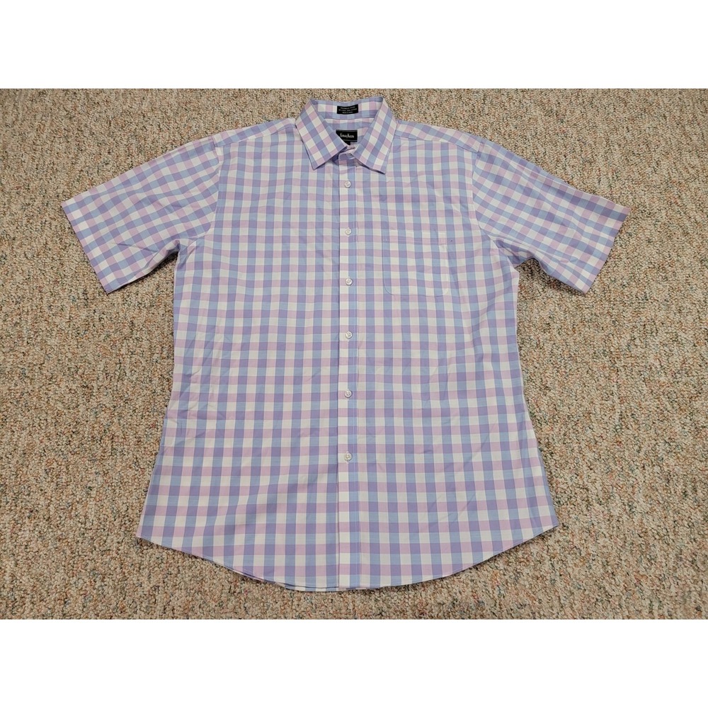 Neiman Marcus Shirt Mens Large Purple Gingham Cotton Wrinkle Resistant